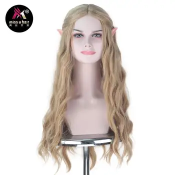 Miss U Plaukai Sintetiniai 70cm Ilgio Banguoti Moterų Plaukų Golden Blond Spalva Helovinas Filmą Cosplay Perukas su Elf Ausis