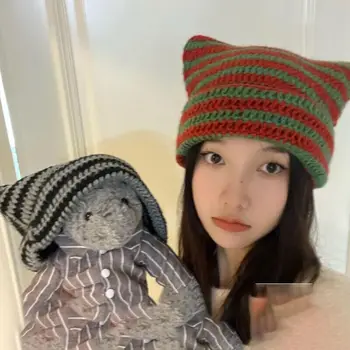 Nauja Japonų Beanie Skrybėlių Moterims, tiek Velnio Dryžuota Megzta Vilnos Kepurė Rudens ir Žiemos Cute Kačių Ausys Šilčiau variklio Dangčio Atsitiktinis Bžūp