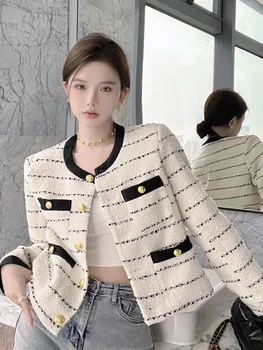 Aukštos Kokybės Prancūzų Derlius Mažas Kvepalų Juostele Tvido Jackt Paltai Moterims Rudenį, Žiemą Korėjos Mados Vilnos Outwear Elegantiškas Casaco
