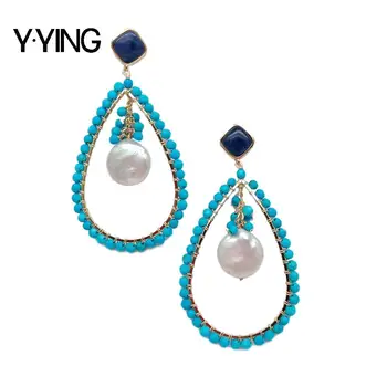 Y·YING Ašaros Mėlyna Turquoises Baltos Monetos Pearl Blue Sodalite Tabaluoti Stud Auskarai etninių stilių moterims