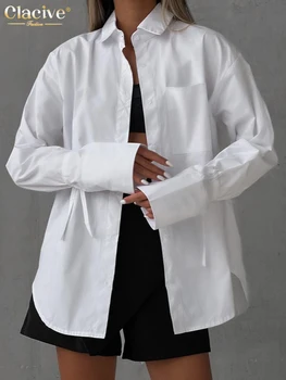 Clacive Mados Moteris Palaidinės 2022 Atsitiktinis Atvartas Ilgomis Rankovėmis Office Lady Elegantiškas Marškinėliai Balti Nėriniai-Up Pocket Viršūnes Moterų Drabužiai