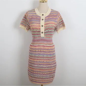 2022 m. vasaros derliaus Spalvinga dryžuotas megzti megztinis suknelė moterims trumpomis rankovėmis-line suknelė