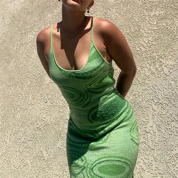 Spausdinti Mezgimo Bodycon Suknelė Moterims Žalia Y2k Vasaros Tuščiaviduriai Iš Sexy Rankovių Spageti Dirželis Beach 