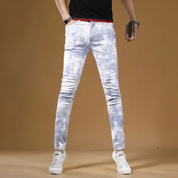 Vyrų Balta Vasaros Džinsus Mados Atsitiktinis Slim Fit, Tiesios Kelnės Streetwear Skaitmeninis Spausdinimas Džinsinio Audinio Kelnės