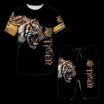 Tigras 3D Atspausdintas Moterų, Vyrų marškinėliai Rinkiniai Mados Vyrų Liūtas Tracksuit Viršūnes Šortai, Sporto Ir Laisvalaikio Vasaros Vyrų Kostiumas