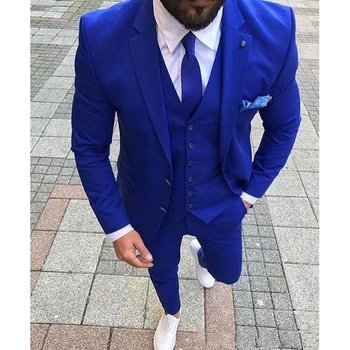 Royal Blue Vestuvių Tuxedos Tinka Slim Fit Jaunikis Vyrams 3 Gabalus Groomsmen Tiktų Vyrų Oficialūs Verslo (Švarkas+Liemenė+Kelnės)