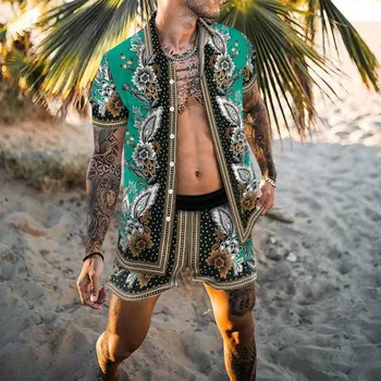 Vyrų Rinkiniai Spausdinti Kratinys Atvartas Trumpas Rankovės Atsitiktinis Marškinėliai Paplūdimio Šortai Vasarą Streetwear Atostogų Havajų Kostiumai Vyrams