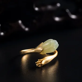 s925 Sterlingas sidabro Šviesą Hetian Jade Žiedas Moterų Mados Asmenybės Rankų Papuošalai Kinų Stiliaus Golden Orchid Atviras Žiedas