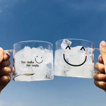 Smiley Stiklo Švieži ir Patogiai Skaidrus Porų Stiklo Butelis su Rankena Home Office, Insta-stiliaus Pieno su Kava, Taurė