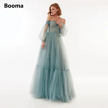 Booma Dulkių Mėlynos spalvos Tiulio Maxi Prom Dresses nuo Peties ilgomis Rankovėmis-Line Šalis, Chalatai Lankas Atgal Nėrinių Oficialus Moterų Suknelės