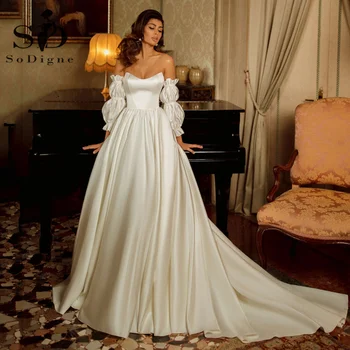 SoDigne Elegantiškas Vestuvių Suknelės 2021 Minkšto Satino Vestuvinės Suknelės Nuo Peties Vestuves Suknelė Su Nuimamais Rankovėmis