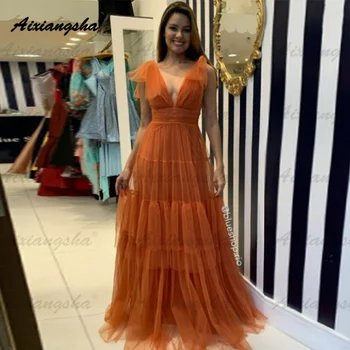 Aixiangsha Oranžinės Spalvos Elegantiškas V-Kaklo Vakarinę Suknelę Pakopų Klostyti Sukietėjęs Promenadzie Suknelė Kokteilių Suknelė Ypatinga Proga Vestido De Noche