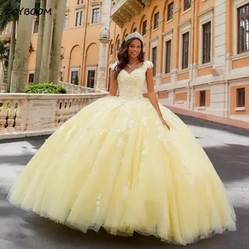 Elegantiškas Geltonas Princesė Quinceanera Suknelės 2023 Sweetheaart Tiulio Kamuolys Suknelė Nėrinių Gėlių Appliques Blizgučiais Vestidos De 15 Años
