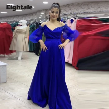 Eightale Royal Blue Vakaro Suknelė Vestuves Satino V-Kaklo Zawalcowany Sexy Ilga Reljefiniai Rankovėmis Prom Chalatai Įžymybė Suknelė