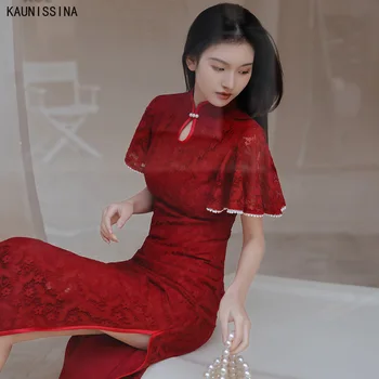 KAUNISSINA Kinų Stiliaus Tradicinės Partijos Suknelė trumpomis Rankovėmis Perlai Duobute Nėrinių Kokteilių Suknelės Cheongsam Oficialų Suknelė Vestido