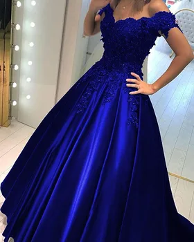 Vkiss Parduotuvėje Naujas Royal Blue Kamuolys Suknelė Pigūs Prom Dress nuo peties Nėrinių 3D Gėlės Zawalcowany Korsetas Atgal Satino Vakarą Oficialią D