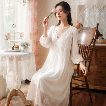 Moterų Modalinis Derliaus Nightgowns Pavasarį Ilgai Rankovėmis Palace 