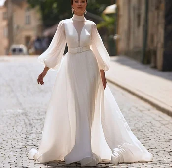13254#Elegantiškas, Aukštos Apykaklės-Line Vestuvių Suknelės Backless Reljefiniai Rankovėmis Civilinės Elegantiškas Šifono Valymo Traukinio Vestuvių Nuotakos Suknelė