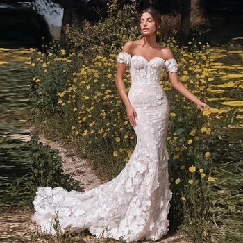 Romantiška 3D Gėlių Appliques Tiulio Undinė Vestuvių Suknelės Off Pečių Brangioji Ilgos Vestuvinės Suknelės Gėlių Nėrinių Nuotakos Suknelė
